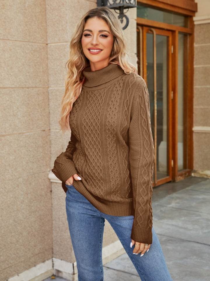 Cable-Knit Mock Neck Sweater Caramel for a perfect OOTD – dress to impress outfits from Amexza