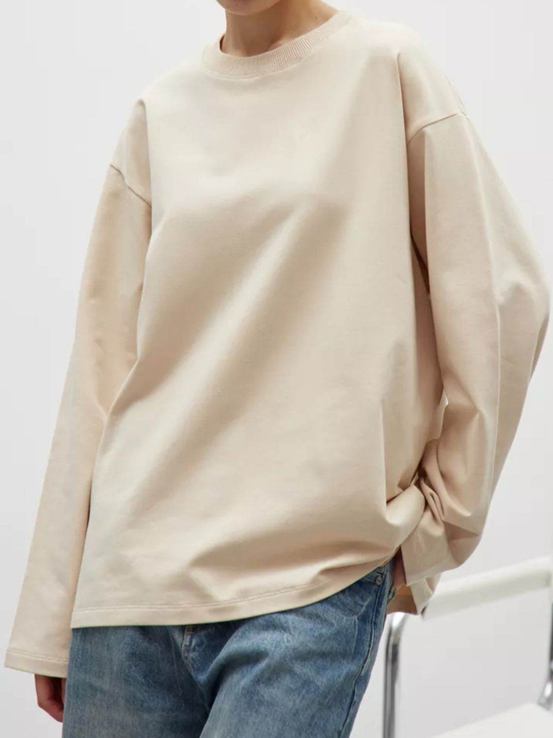 Round Neck Dropped Shoulder Long Sleeve T-Shirt Tan for a perfect OOTD – dress to impress outfits from Amexza