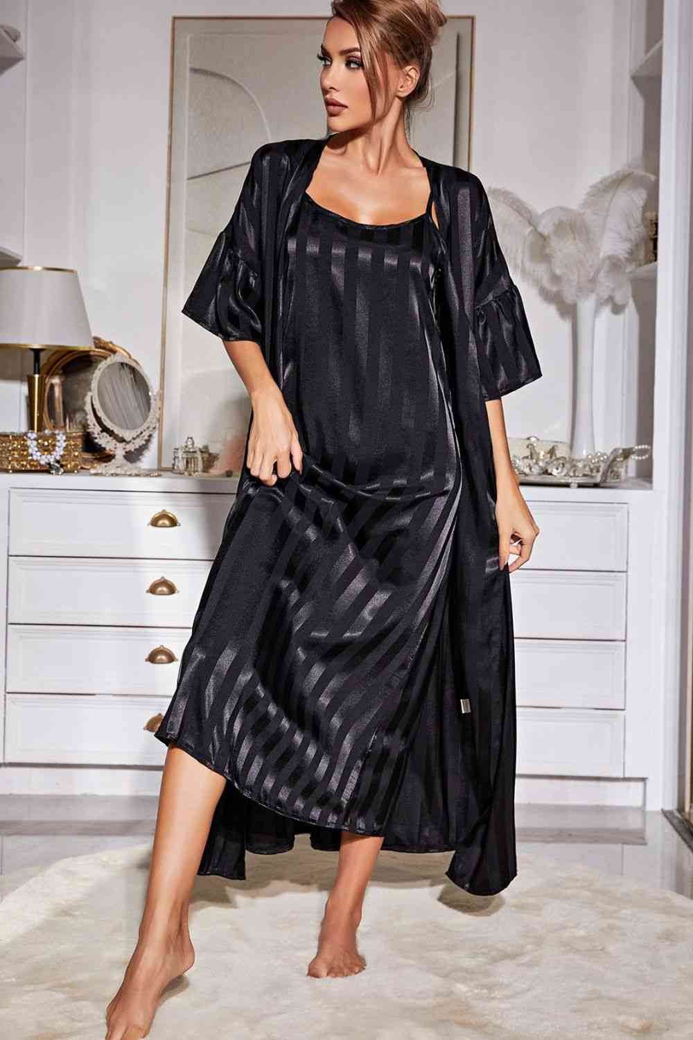 Striped Flounce Sleeve Open Front Robe and Cami Dress Set Black for a perfect OOTD – dress to impress outfits from Amexza