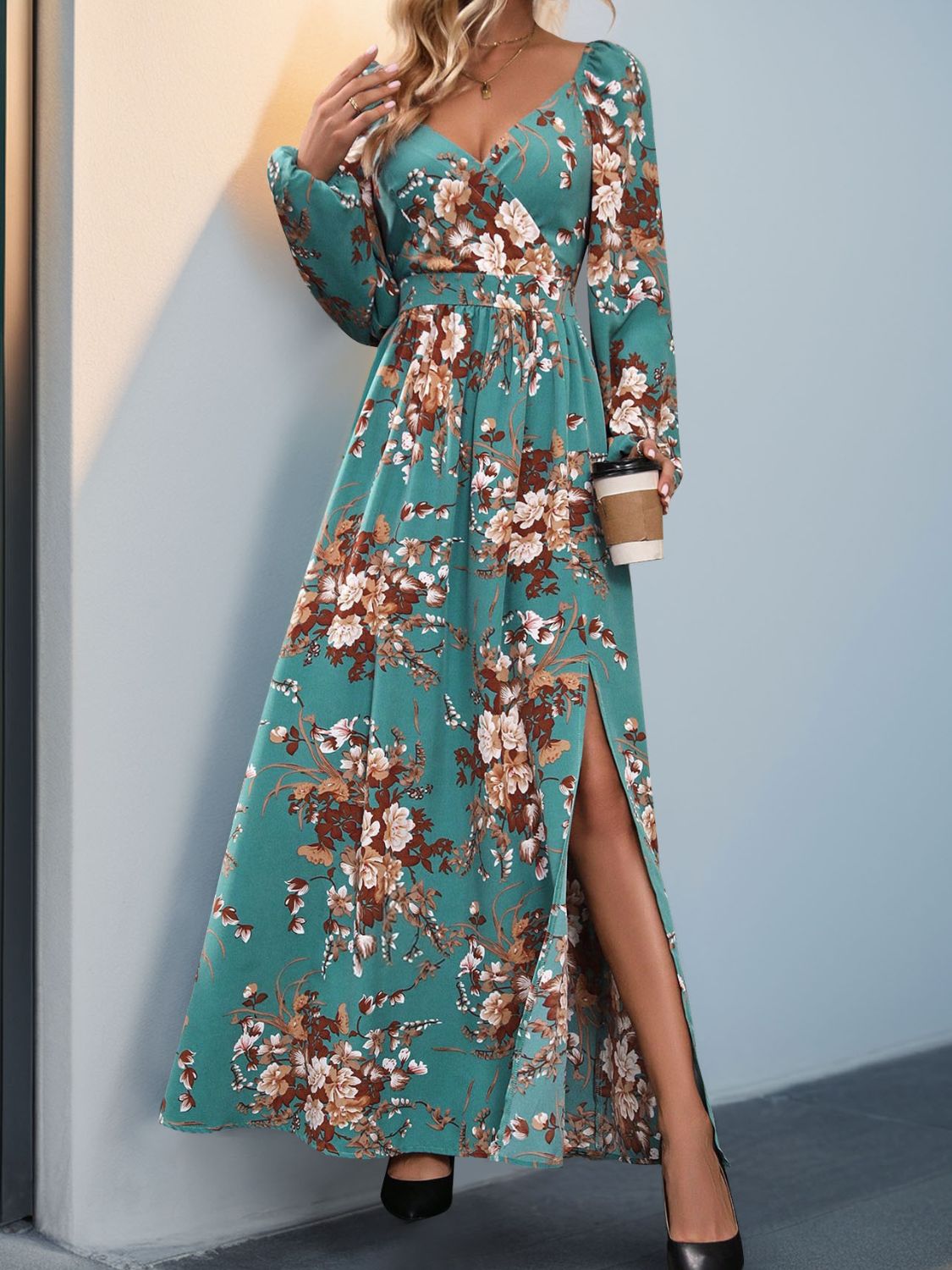 Perfee Slit Printed Surplice Long Sleeve Maxi Dress - Turquoise / S