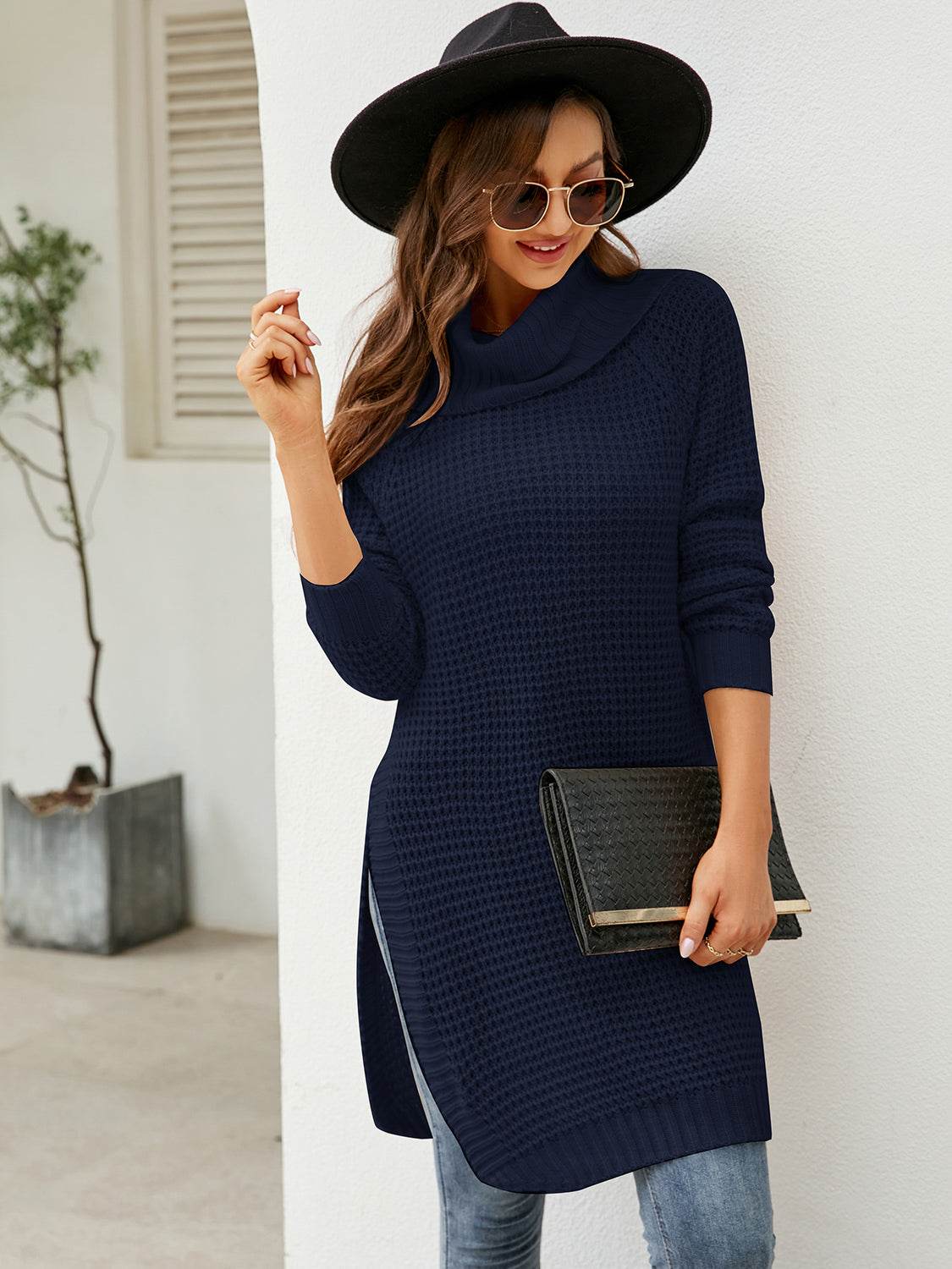 Turtleneck Waffle-Knit Slit Sweater Dress for a perfect OOTD – dress to impress outfits from Amexza