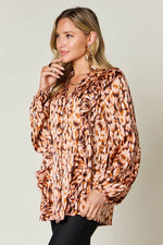 Double Take Full Size Printed Ruffle Trim Balloon Sleeve Shirt - Amexza