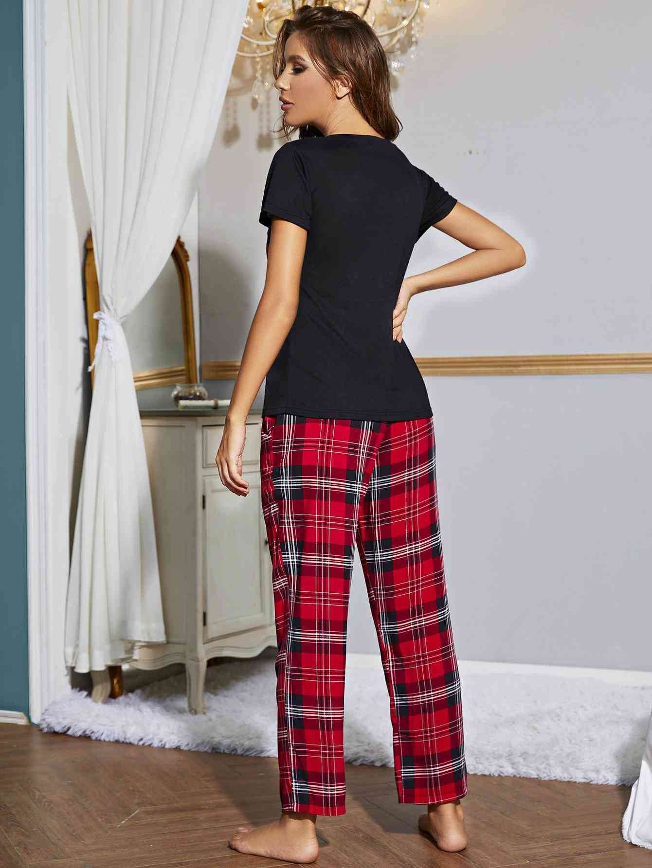 Heart Graphic V-Neck Top and Plaid Pants Lounge Set - Amexza