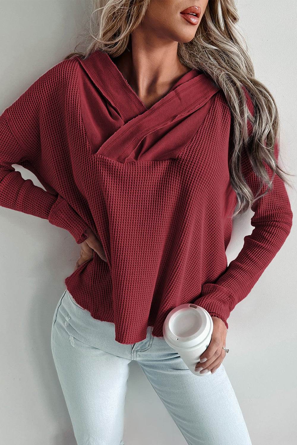 Waffle Knit Long Sleeve Hoodie Burgundy for a perfect OOTD – dress to impress outfits from Amexza