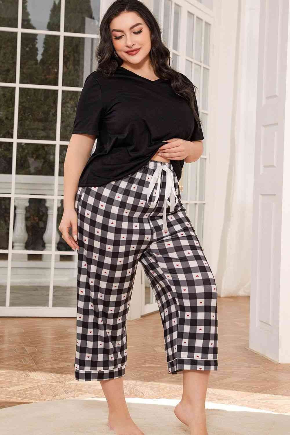 V-Neck Tee and Plaid Cropped Pants Lounge Set for a perfect OOTD – dress to impress outfits from Amexza