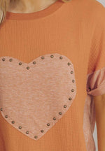Stud Heart Patch Round Neck Short Sleeve T-Shirt - Amexza