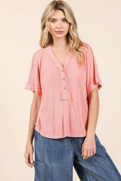 Mittoshop Mineral Wash Henley Short Sleeve Waffle Knit Top for a perfect OOTD – dress to impress outfits from Amexza