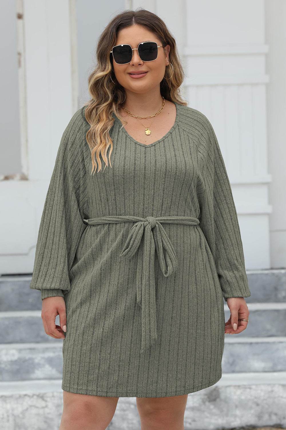 Plus Size Ribbed Tie Front Long Sleeve Sweater Dress for a perfect OOTD – dress to impress outfits from Amexza