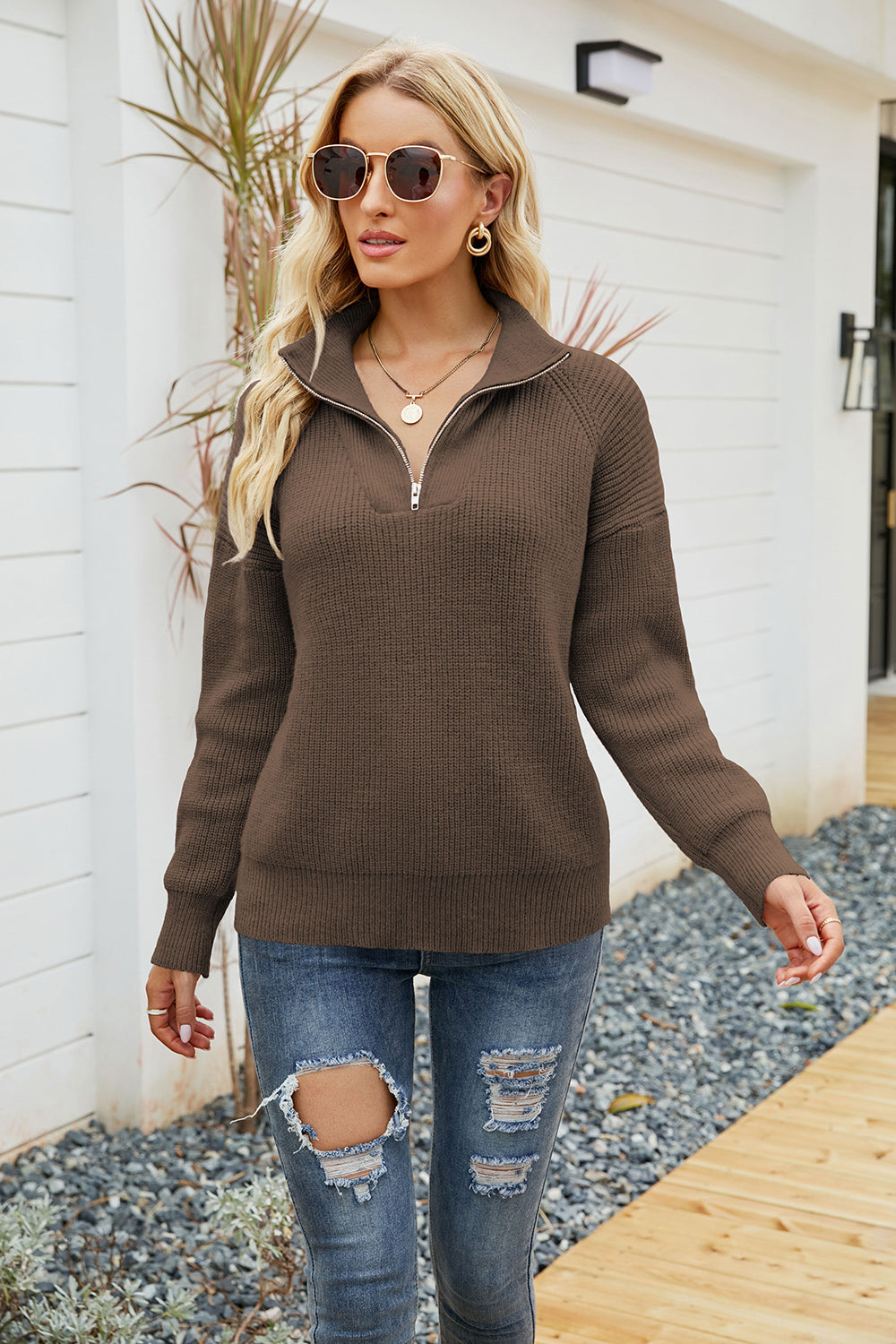 Quarter-Zip Collared Neck Sweater Caramel for a perfect OOTD – dress to impress outfits from Amexza