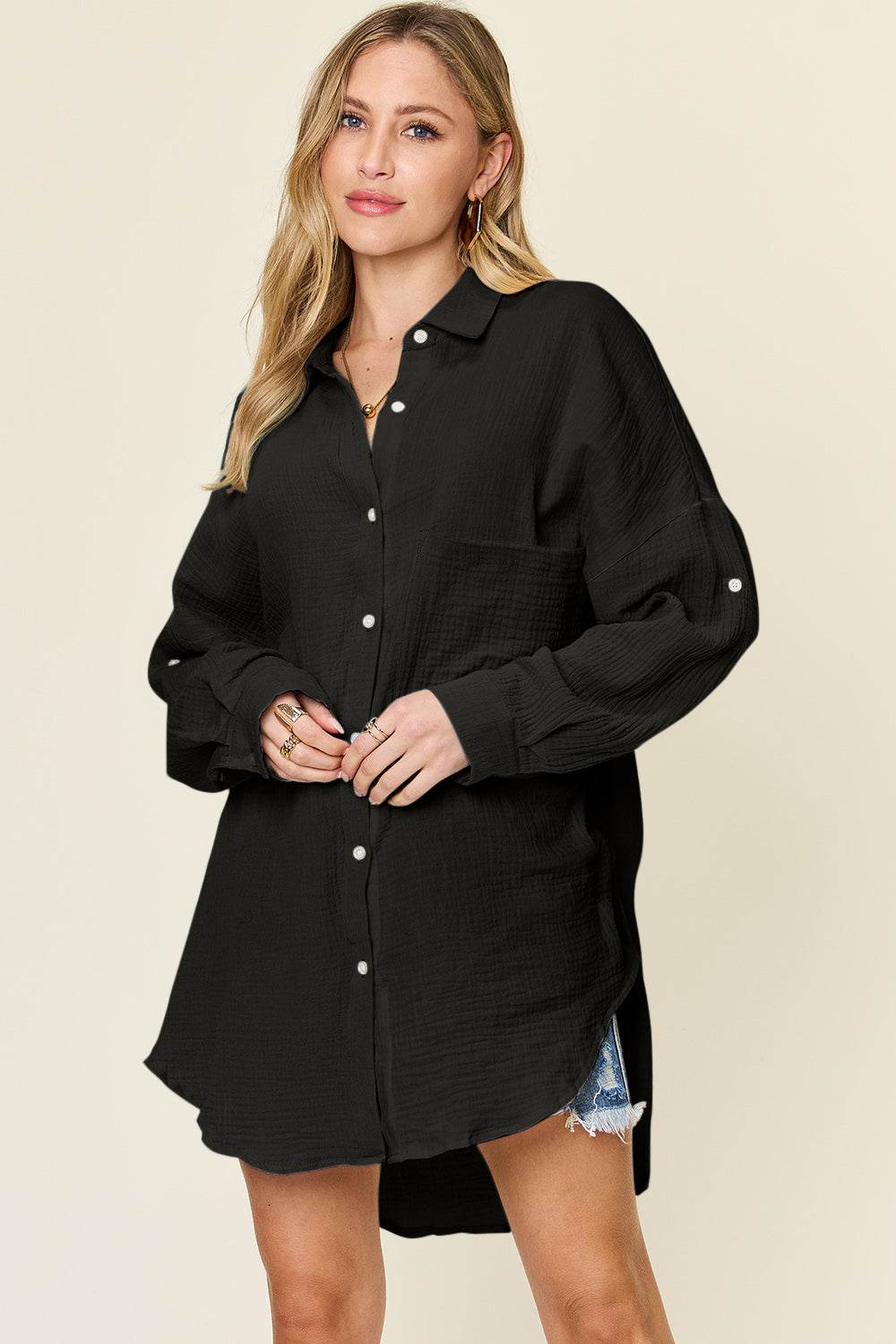 Double Take Full Size Pocketed Texture Button Up Shirt Black for a perfect OOTD – dress to impress outfits from Amexza