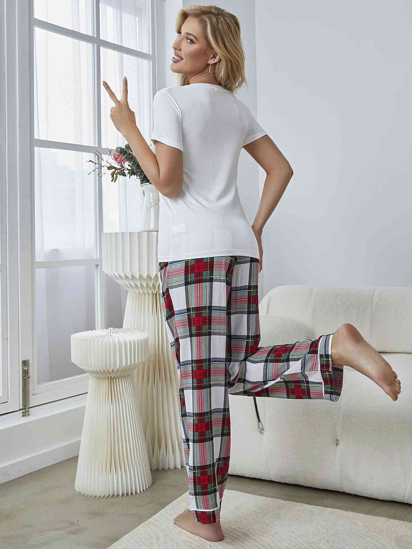 V-Neck Tee and Plaid Pants Lounge Set for a perfect OOTD – dress to impress outfits from Amexza