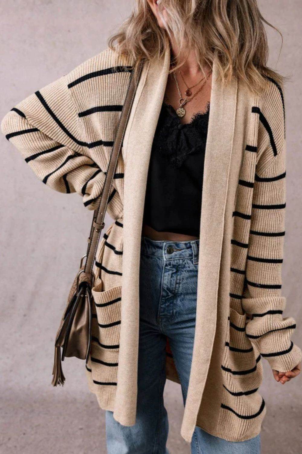 Striped Open Front Long Sleeve Cardigan Khaki for a perfect OOTD – dress to impress outfits from Amexza