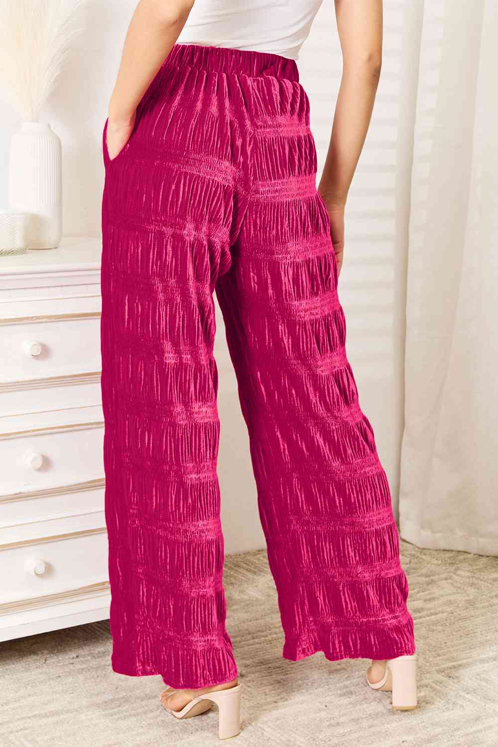 Double Take Full Size High Waist Tiered Shirring Velvet Wide Leg Pants for a perfect OOTD – dress to impress outfits from Amexza