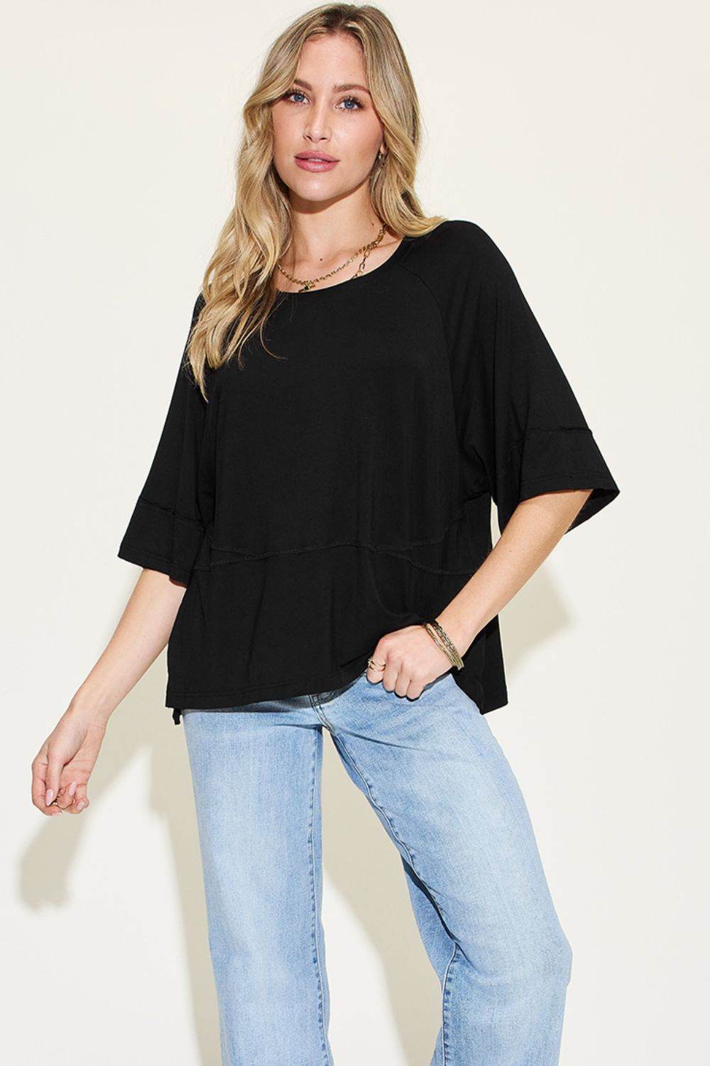 Basic Bae Full Size Bamboo Round Neck Exposed Seam T-Shirt Black for a perfect OOTD – dress to impress outfits from Amexza