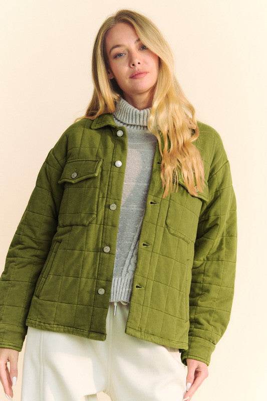 Davi & Dani Quilted Button Down Shacket with Chest Pockets Yellow-Green for a perfect OOTD – dress to impress outfits from Amexza