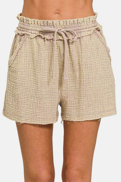 Zenana Washed Frayed Hem Drawstring Shorts Ash Mocha for a perfect OOTD – dress to impress outfits from Amexza