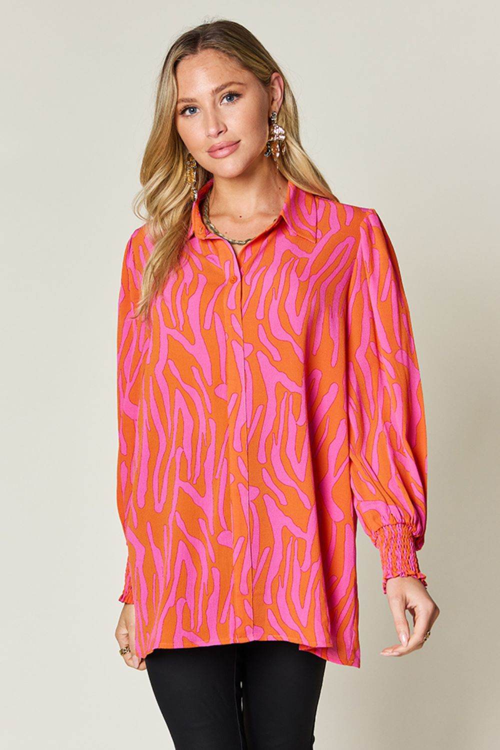 Double Take Full Size Printed Smocked Long Sleeve Blouse Orange for a perfect OOTD – dress to impress outfits from Amexza