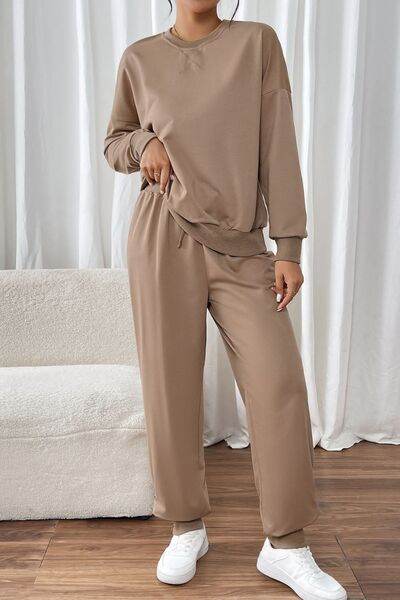 Perfee Round Neck Long Sleeve Top and Pants Set Camel for a perfect OOTD – dress to impress outfits from Amexza