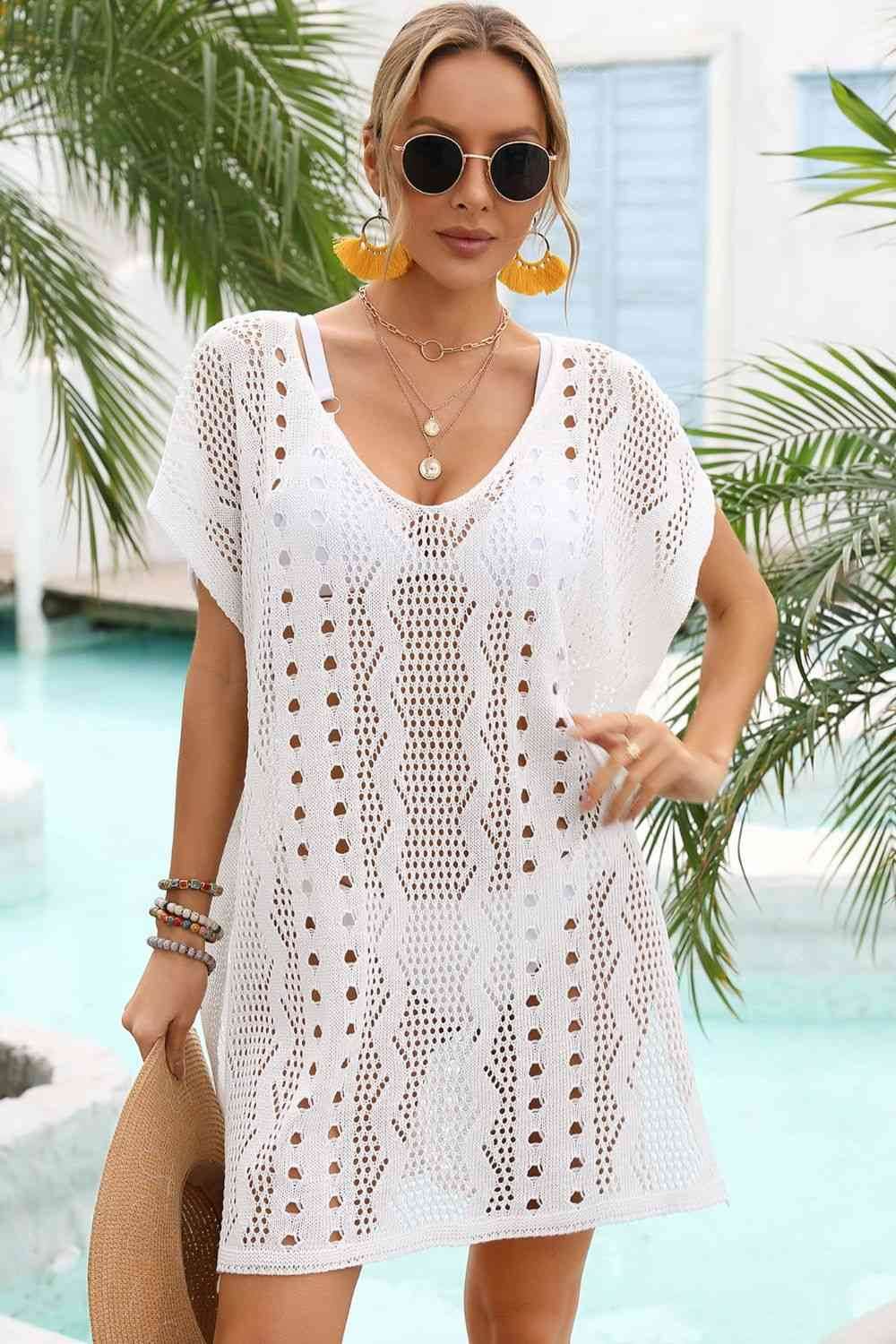 Angel Wings Openwork Plunge Dolman Sleeve Cover-Up Dress White One Size for a perfect OOTD – dress to impress outfits from Amexza