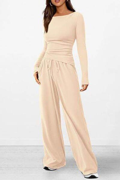 Round Neck Long Sleeve Top and Pants Set - Amexza