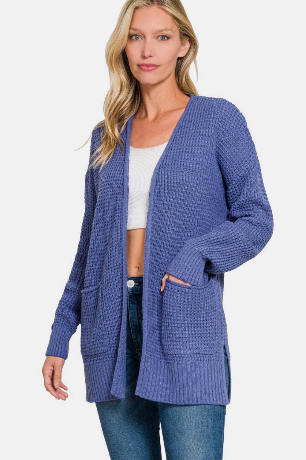 Zenana Waffle Open Front Sweater Cardigan Marlin for a perfect OOTD – dress to impress outfits from Amexza