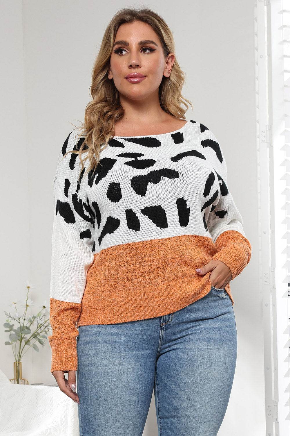 Plus Size Leopard Round Neck Long Sleeve Sweater Ochre for a perfect OOTD – dress to impress outfits from Amexza