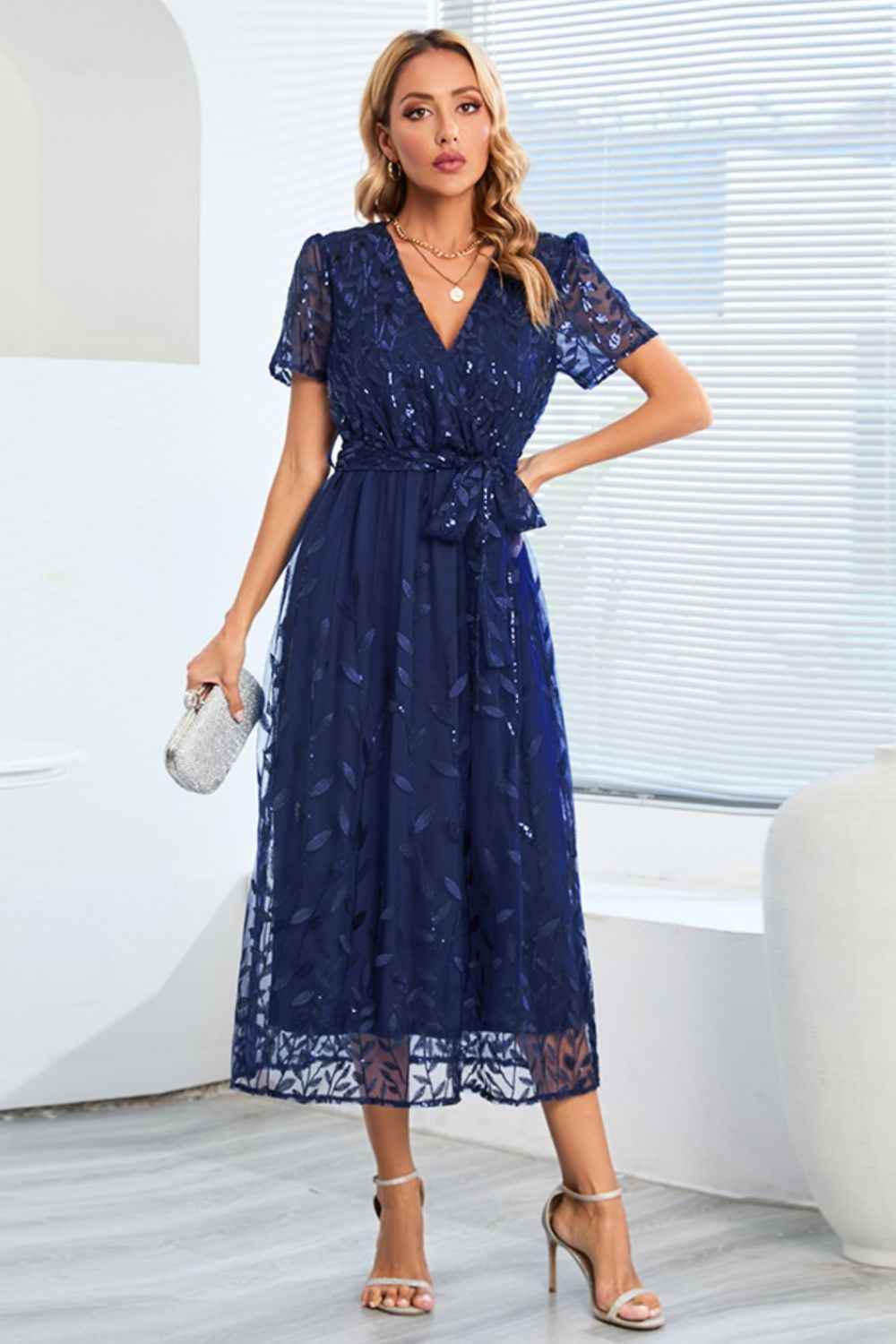 Sequin Leaf Embroidery Tie Front Short Sleeve Dress Dark Blue for a perfect OOTD – dress to impress outfits from Amexza