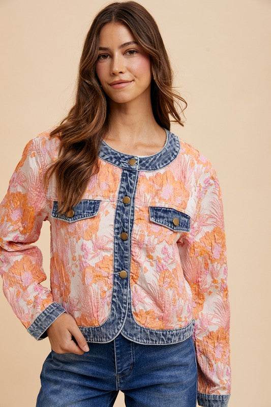 Annie Wear Floral Jacquard Denim Contrast Button Down Jacket for a perfect OOTD – dress to impress outfits from Amexza