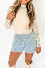 Mock Neck Long Sleeve Lace Patchwork T-Shirt - Amexza