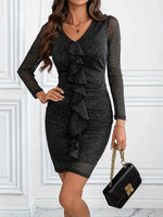 Metallic Ruffled V-Neck Long Sleeve Mini Dress for a perfect OOTD – dress to impress outfits from Amexza