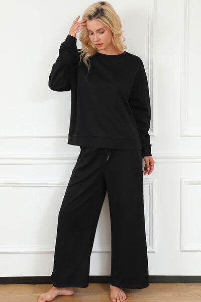 Double Take Full Size Textured Long Sleeve Top and Drawstring Pants Set for a perfect OOTD – dress to impress outfits from Amexza