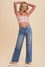 Annie Wear Floral Lettuce Hem Sheer Mesh Top - Amexza