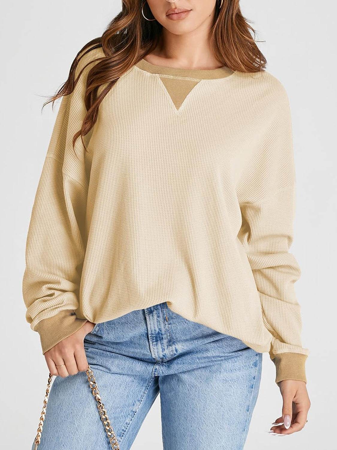 Waffle Knit Round Neck Long Sleeve T-Shirt for a perfect OOTD – dress to impress outfits from Amexza