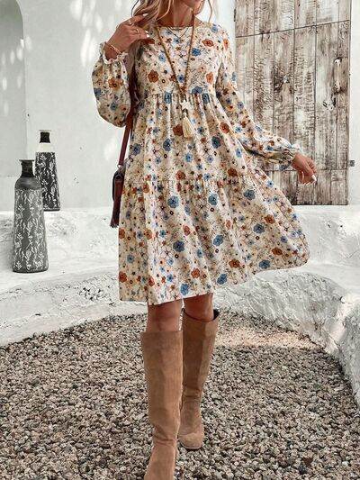 Tiered Floral Round Neck Long Sleeve Dress for a perfect OOTD – dress to impress outfits from Amexza
