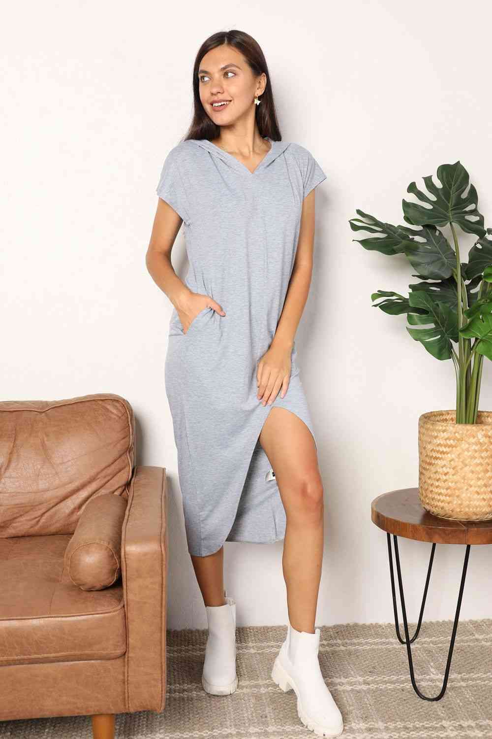 Perfee Short Sleeve Front Slit Hooded Dress Light Gray for a perfect OOTD – dress to impress outfits from Amexza