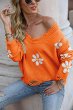Flower Distressed Long Sleeve Sweater for a perfect OOTD – dress to impress outfits from Amexza