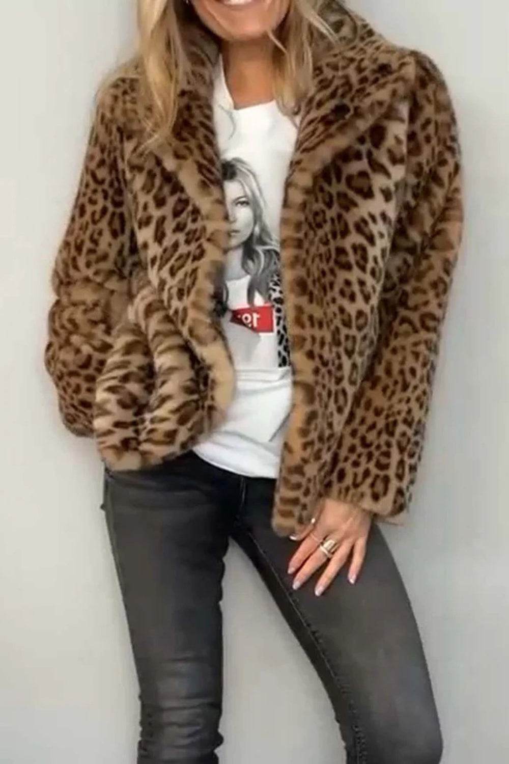 Full Size Leopard Furry Collared Neck Long Sleeve Coat - Amexza