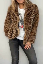 Full Size Leopard Furry Collared Neck Long Sleeve Coat - Amexza