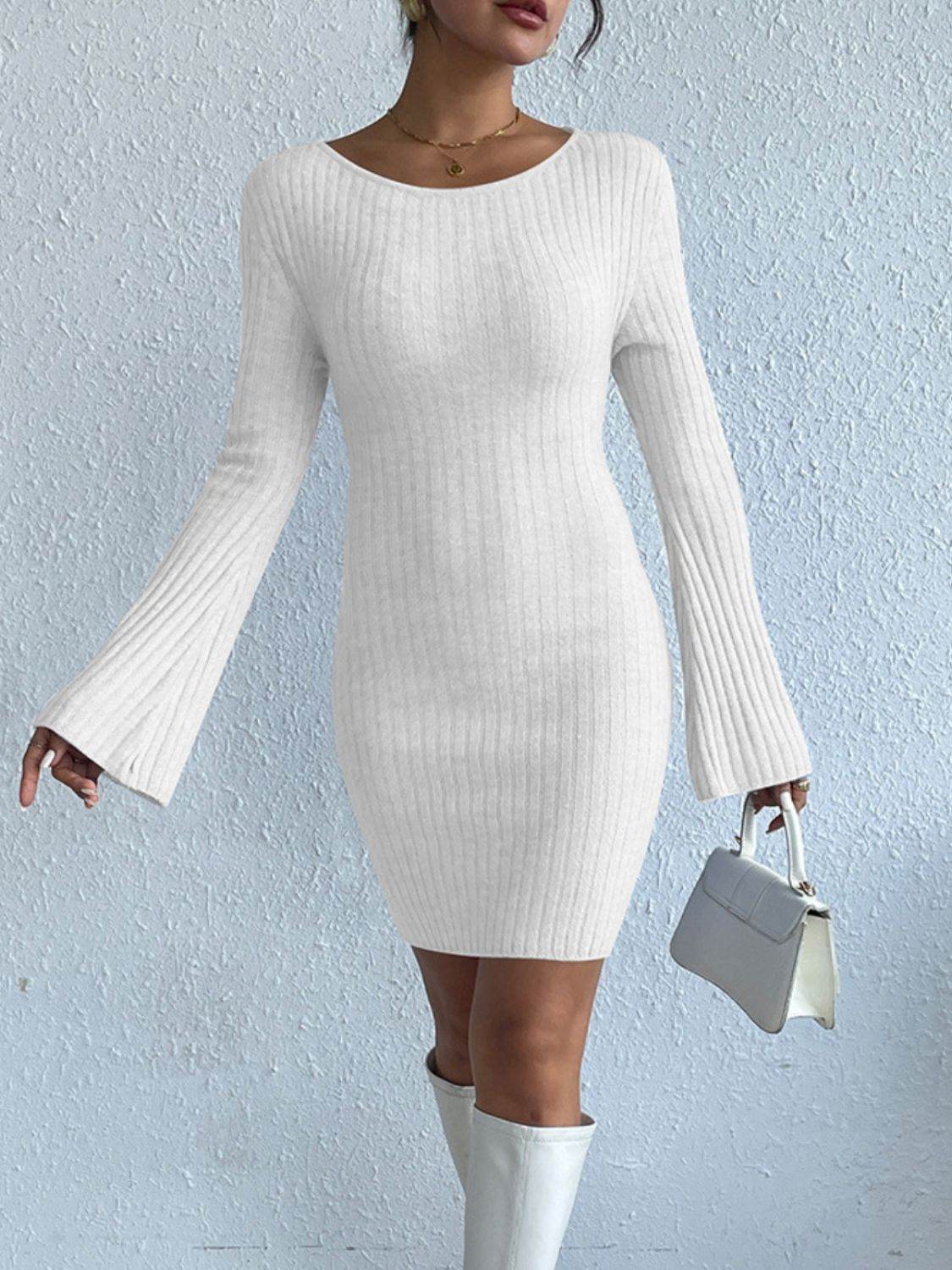 Backless Round Neck Long Sleeve Sweater Dress for a perfect OOTD – dress to impress outfits from Amexza