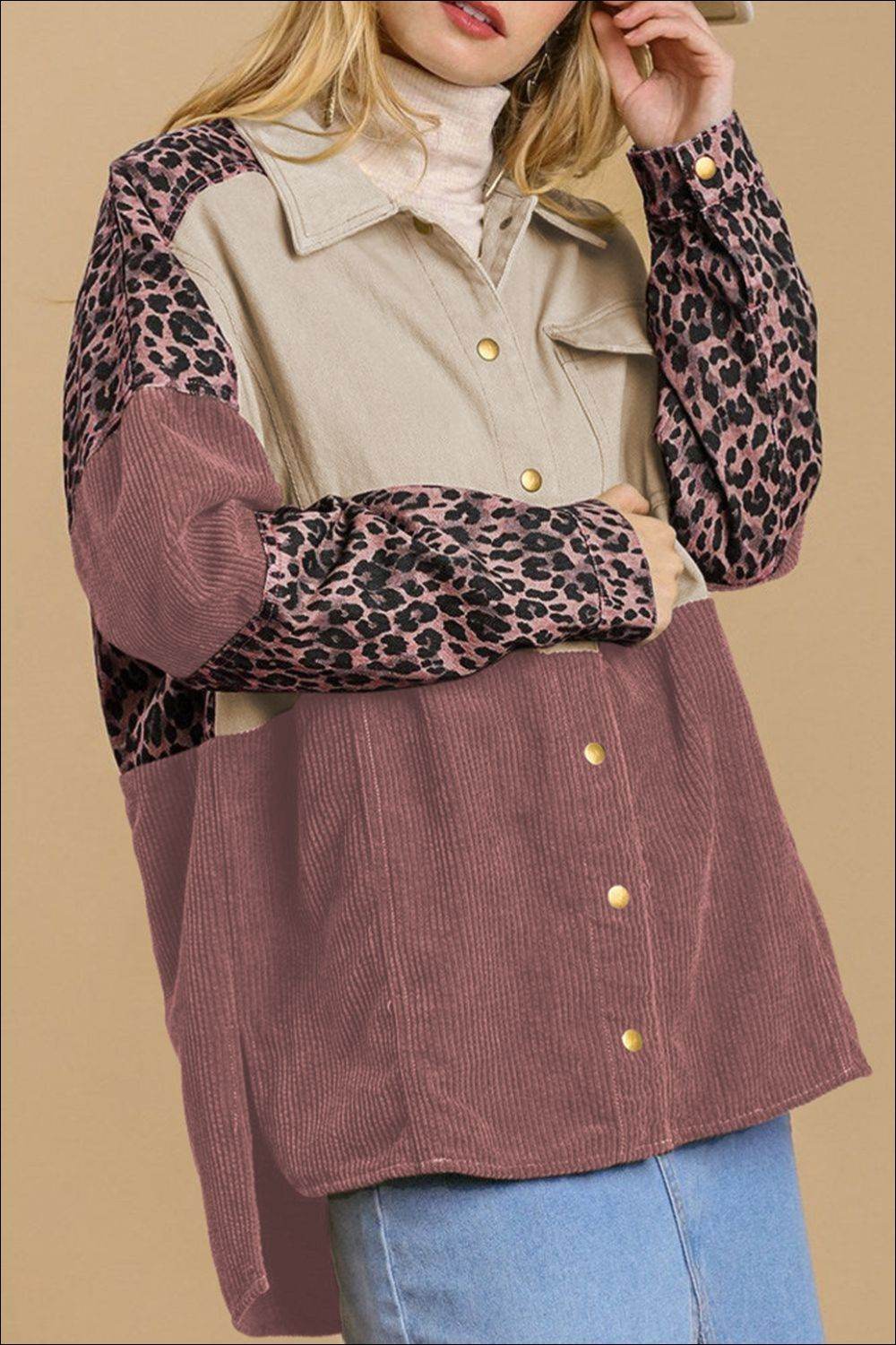 High-Low Leopard Snap Down Shacket Dusty Pink for a perfect OOTD – dress to impress outfits from Amexza