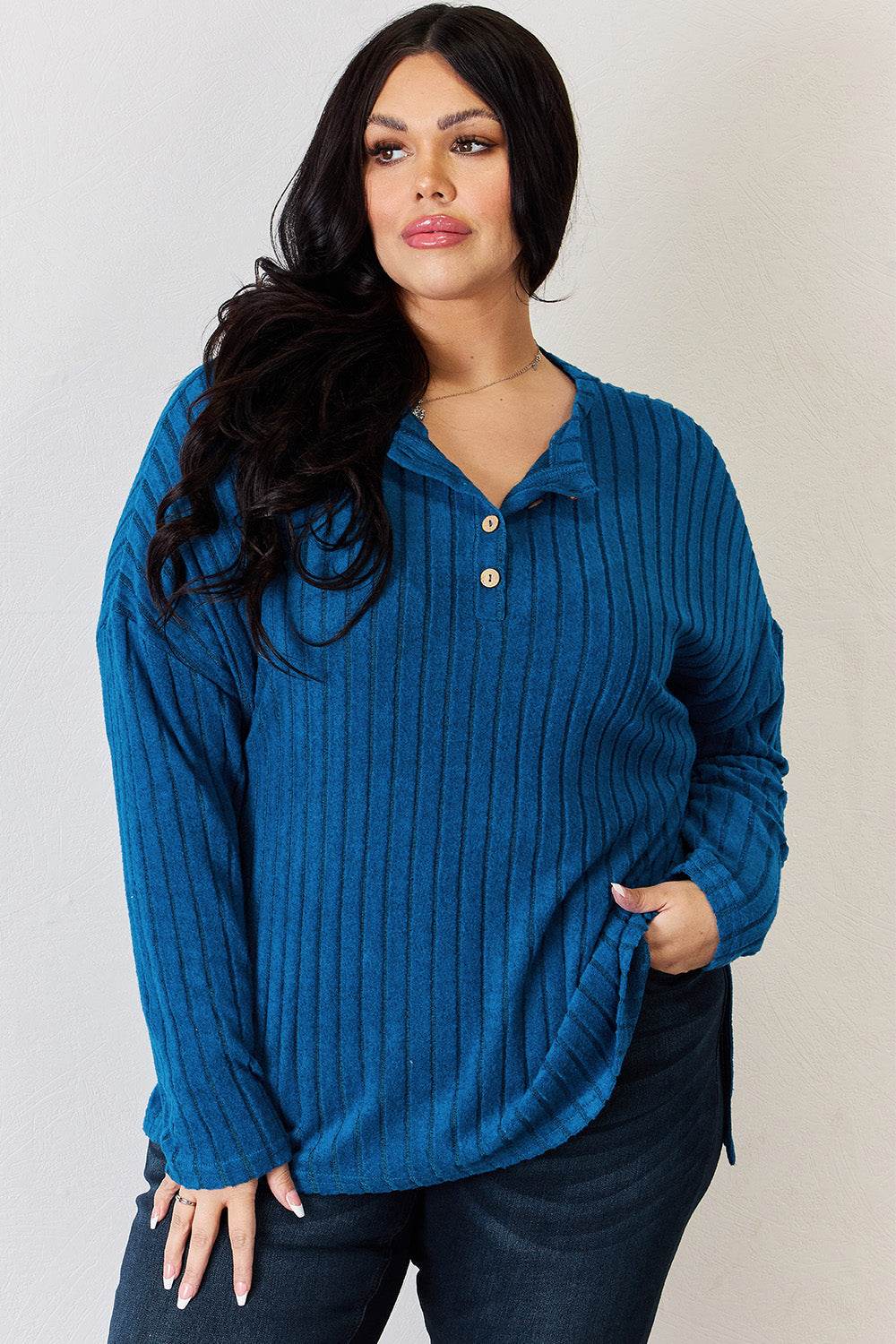 Basic Bae Full Size Ribbed Half Button Long Sleeve High-Low T-Shirt for a perfect OOTD – dress to impress outfits from Amexza