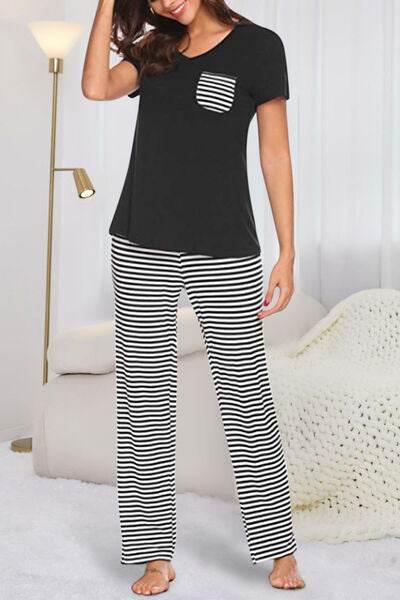 Pocketed Short Sleeve Top and Striped Pants Lounge Set Black for a perfect OOTD – dress to impress outfits from Amexza