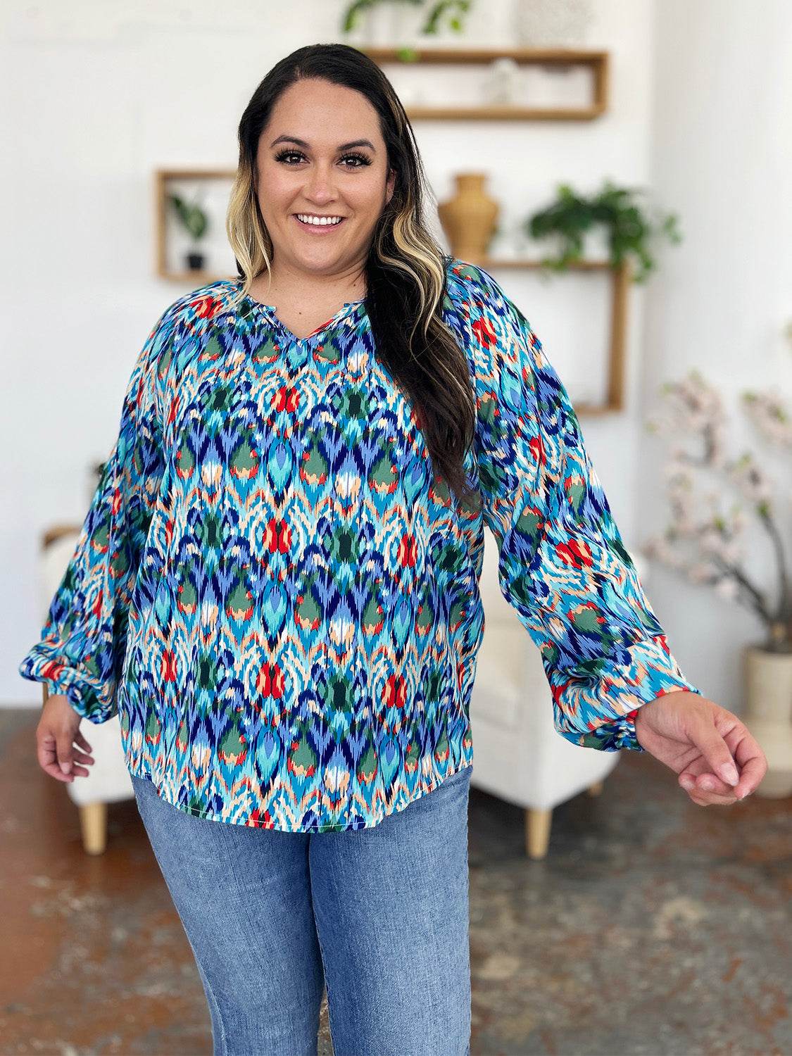 Double Take Full Size Printed Balloon Sleeve Blouse for a perfect OOTD – dress to impress outfits from Amexza