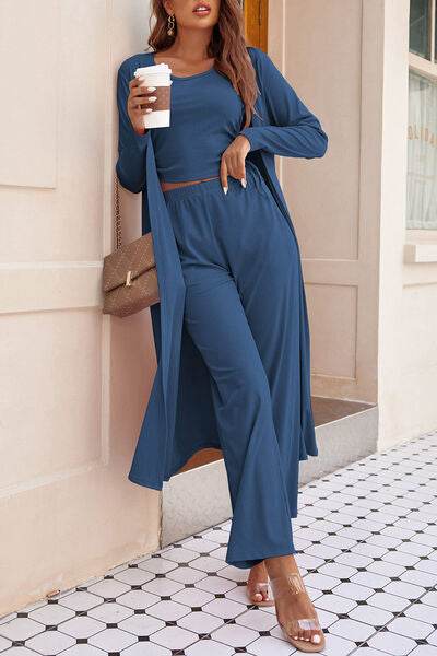 Drawstring Tank, Long Sleeve Cover Up and Pants Set Navy for a perfect OOTD – dress to impress outfits from Amexza