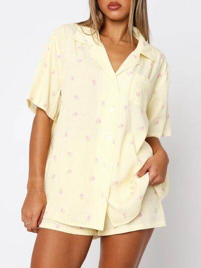 Valentine's Day Printed Collared Neck Short Sleeve Top and Shorts Set Pastel Yellow for a perfect OOTD – dress to impress outfits from Amexza