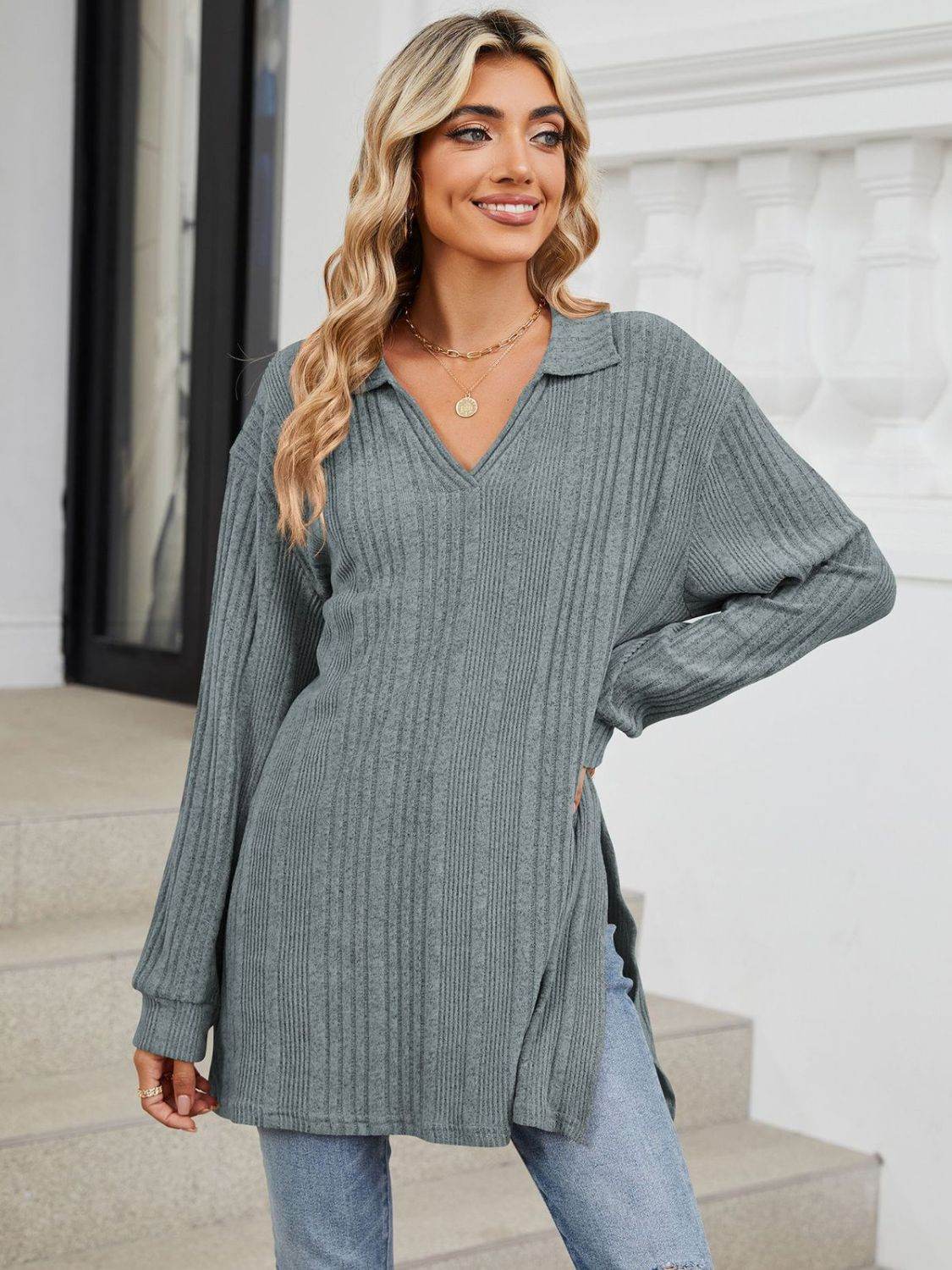 Slit Johnny Collar Long Sleeve T-Shirt for a perfect OOTD – dress to impress outfits from Amexza