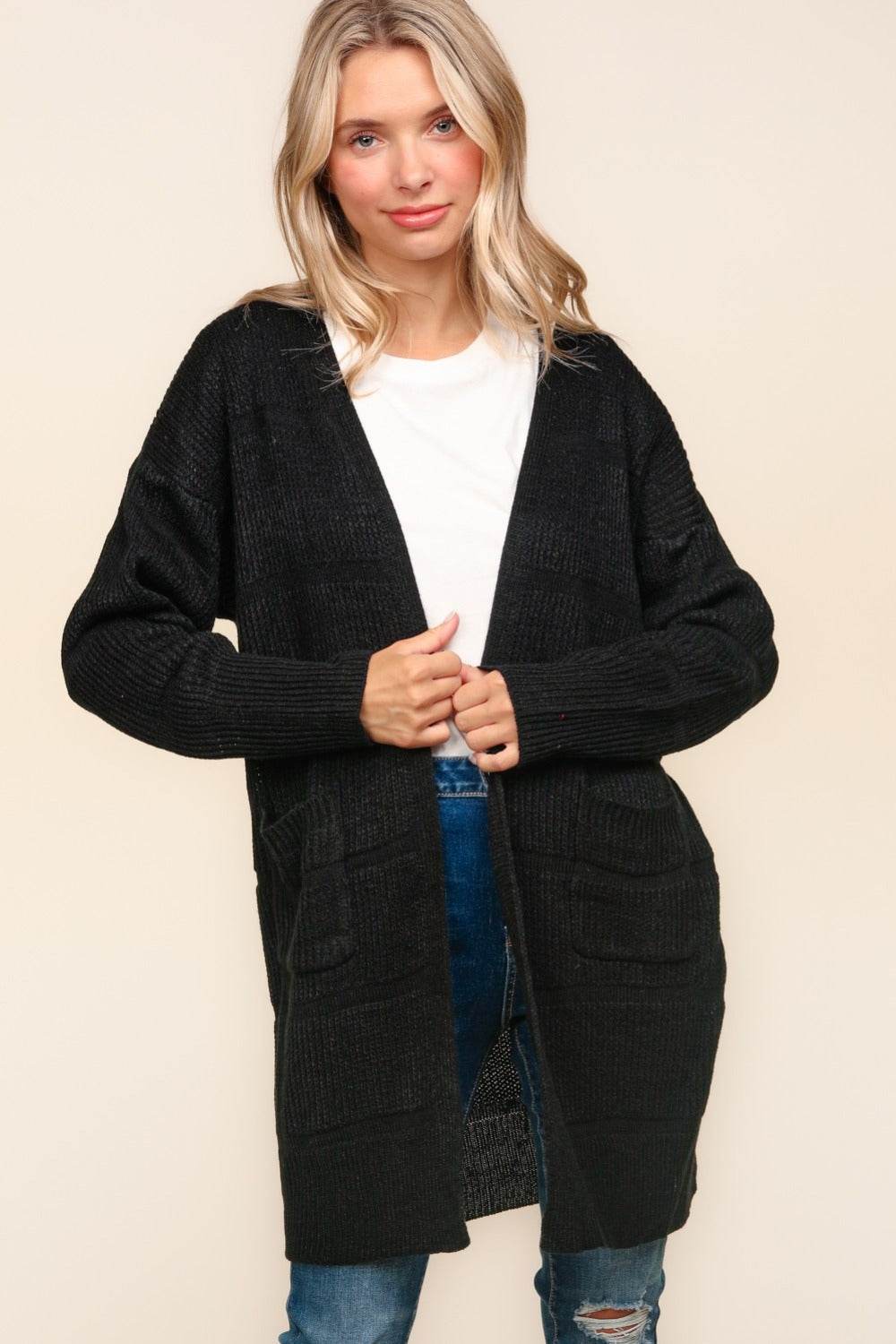 Haptics Stripe Textured Open Front Cardigan with Pockets Black for a perfect OOTD – dress to impress outfits from Amexza