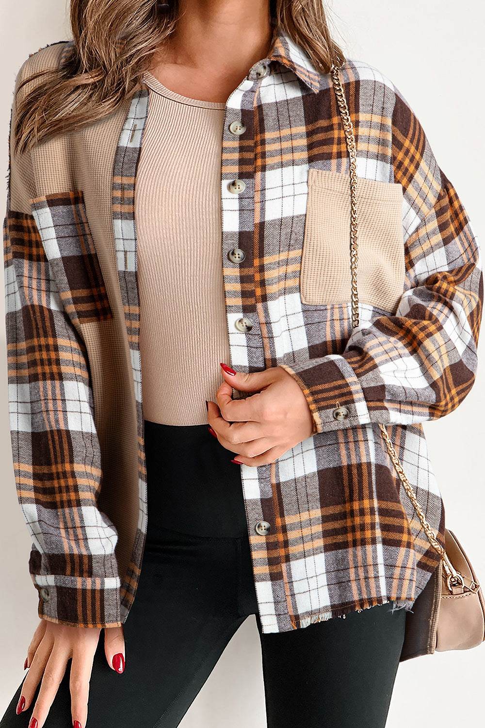 Plaid Button Up Long Sleeve Shacket Khaki for a perfect OOTD – dress to impress outfits from Amexza