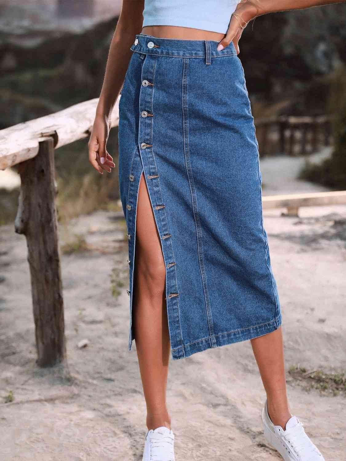 Button Down Denim Skirt - Amexza