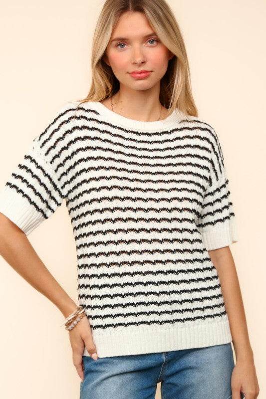 Haptics Openwork Striped Round Neck Half Sleeve Knit Top - Amexza